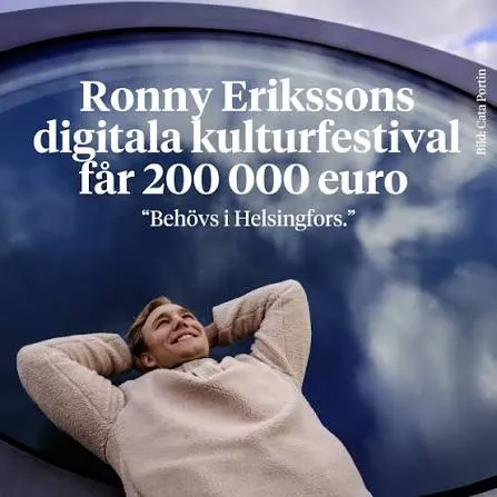 Hufvudstadsbladet's story card: Ronny Eriksson lying under a circular window of sky, the headline Ronny Erikssons digitala kulturfestival får 200 000 euro