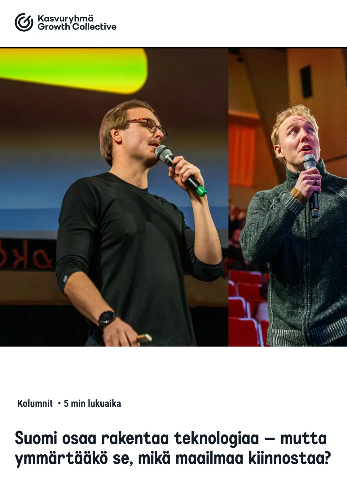 The top of the column on kasvuryhma.fi: the Kasvuryhmä Growth Collective logo, a photograph of Aki Pöntinen and Ronny Eriksson on stage, the kicker Kolumnit and the title
