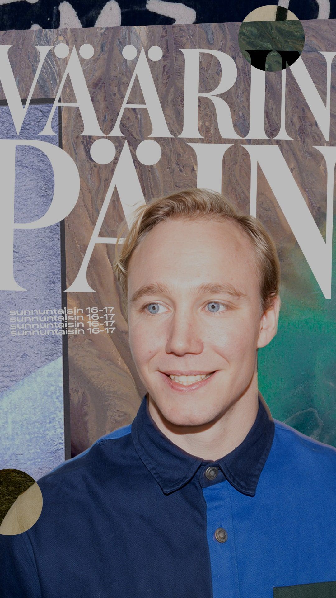 Ronny Eriksson smiling in a two-tone blue shirt in front of the Väärinpäin programme poster: sundays 16–17