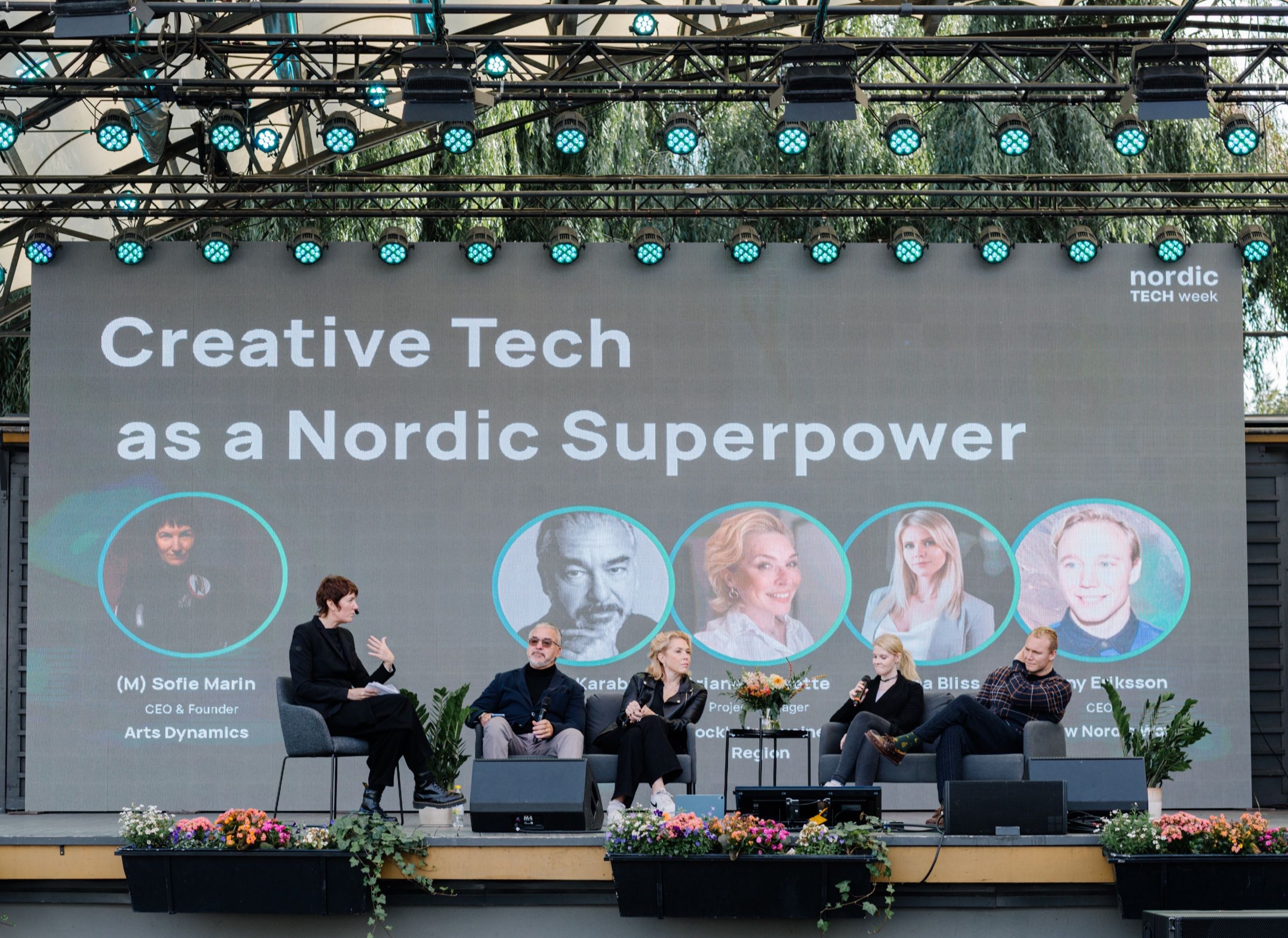 A panel of five under a screen reading Creative Tech as a Nordic Superpower, Ronny Eriksson among the names