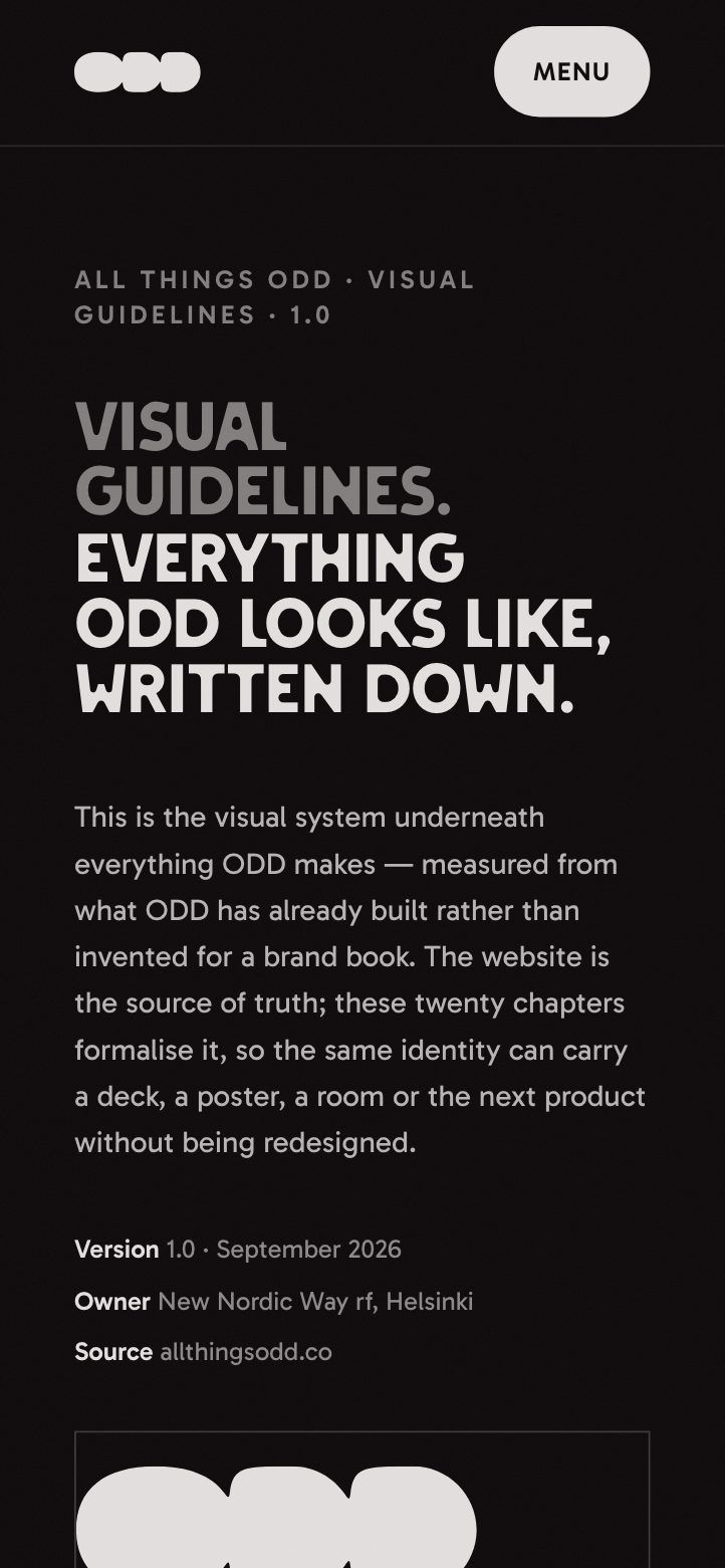 The All Things ODD brand book on a phone screen: Visual guidelines. Everything ODD looks like, written down
