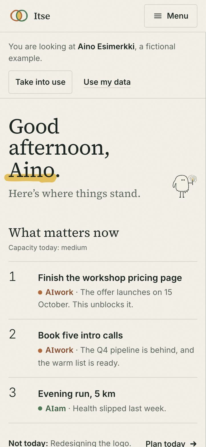 The Itse app on a phone: Good afternoon, Aino, with a fictional example user